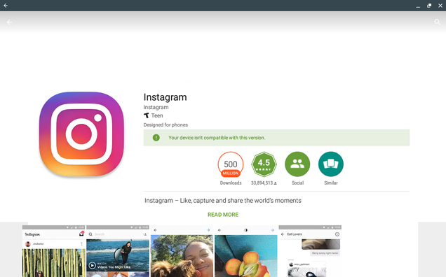 Instagram, one of the apps currently unavailable on Chrome OS